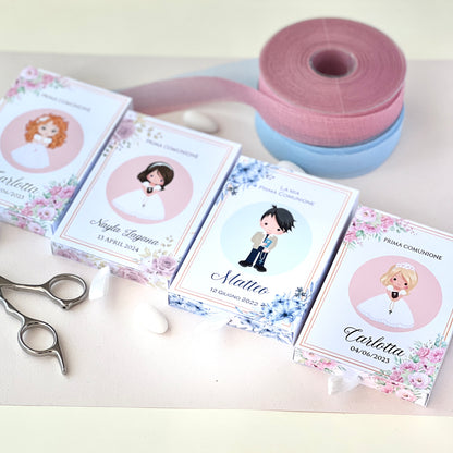 Scatolina Prima Comunione – 4 Grafiche Bimba/Bimbo Personalizzata | Perfetta per 10/15 Confetti o Gadget | Bomboniera Con Immagine Bimbi