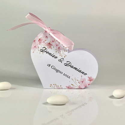 Scatolina Portaconfetti Cuore Personalizzata • Bomboniera Matrimonio/Comunione/Battesimo • 5 Grafica Florali • Fiocco in Raso • 5 Confetti