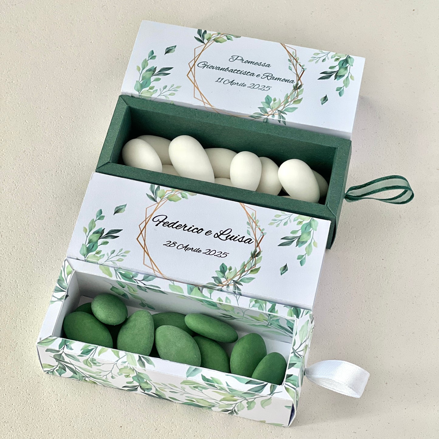 Scatolina Portaconfetti a Cassetto – Grafica Foglie Green – Personalizzata con Nomi & Data - Bomboniera Matrimonio