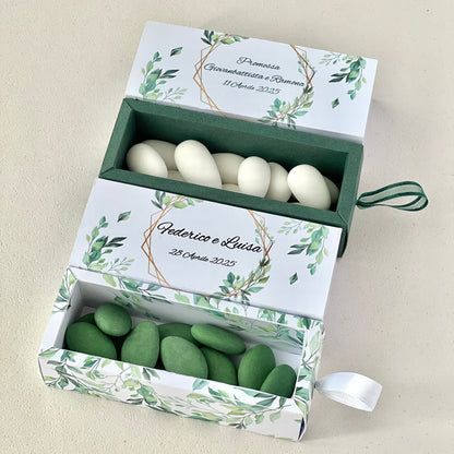Scatolina Portaconfetti a Cassetto – Grafica Foglie Green – Personalizzata con Nomi & Data - Bomboniera Matrimonio