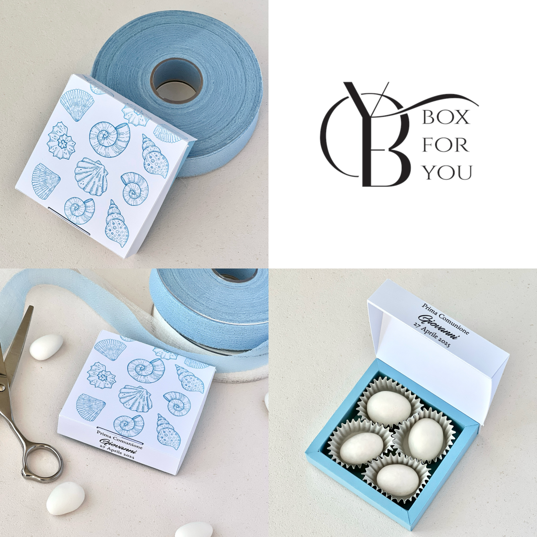 Scatolina Prima Comunione Tema Mare Conchiglie Azzurre – Personalizzata | 7×7×2 cm | Perfetta per 5/7 Confetti - Bomboniera Personalizzata