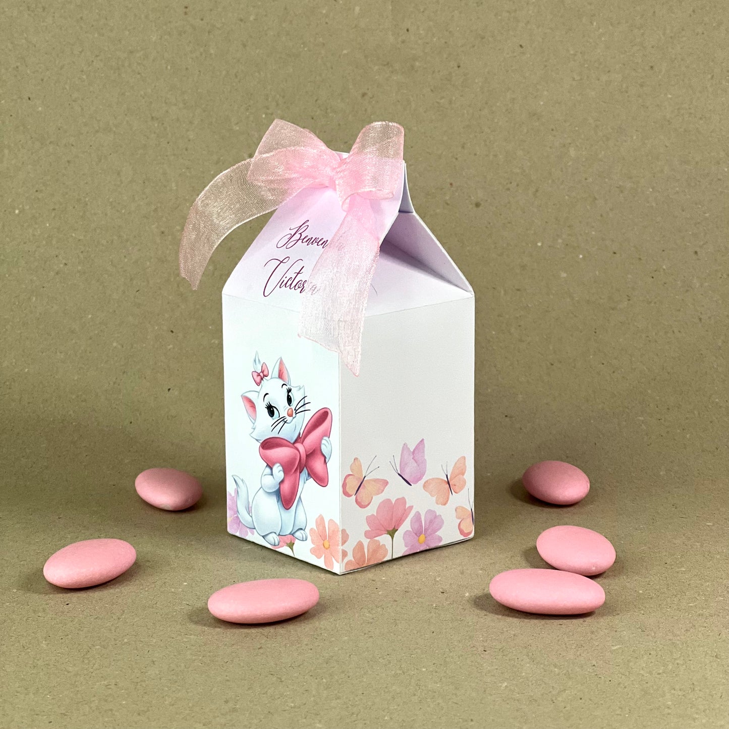 Scatolina porta confetti gattina rosa | Bomboniera nascita o battesimo bimba personalizzata | Favor box handmade in Italy