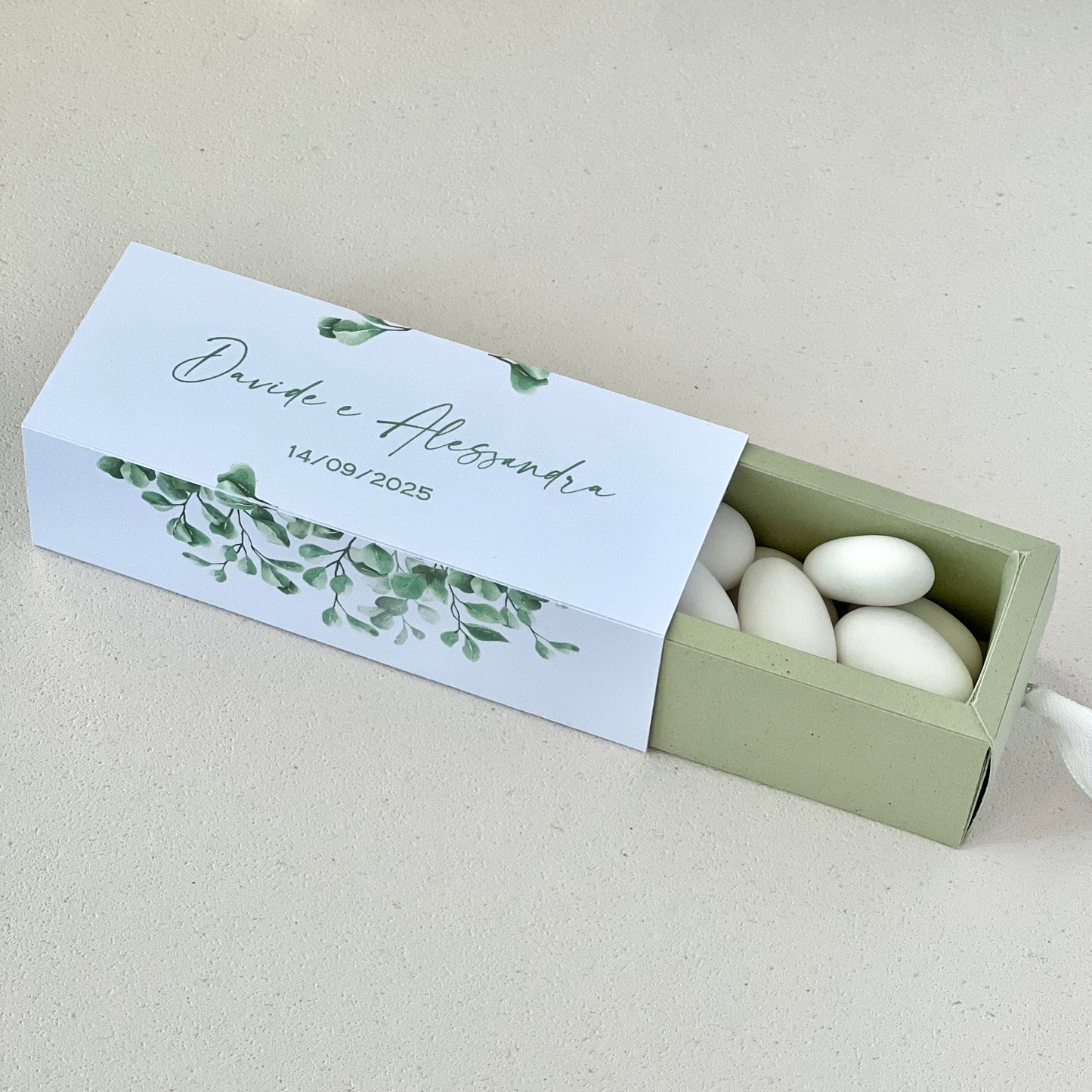 Scatolina Matrimonio Green Sage – 10×3×3 cm Interno in Cartoncino Riciclato Verde Salvia | Personalizzata | Bomboniera Personalizzata