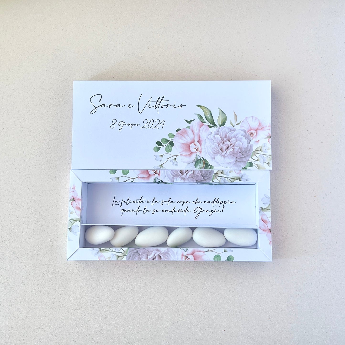 Scatola Matrimonio Deluxe – 15×2×2 cm Con Frase Interna Personalizzata | Perfetta per Confetti + Gadget | Bomboniera Floreale Elegante