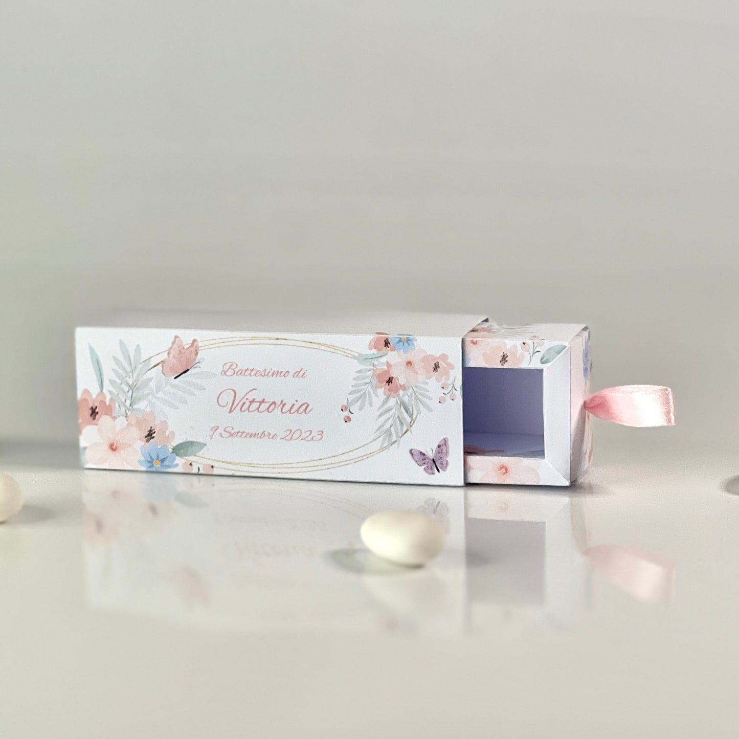 Scatolina a Cassetto Battesimo – Grafica Alice o Floreale Rosa – Personalizzata con Nome & Data - Bomboniera Battesimo