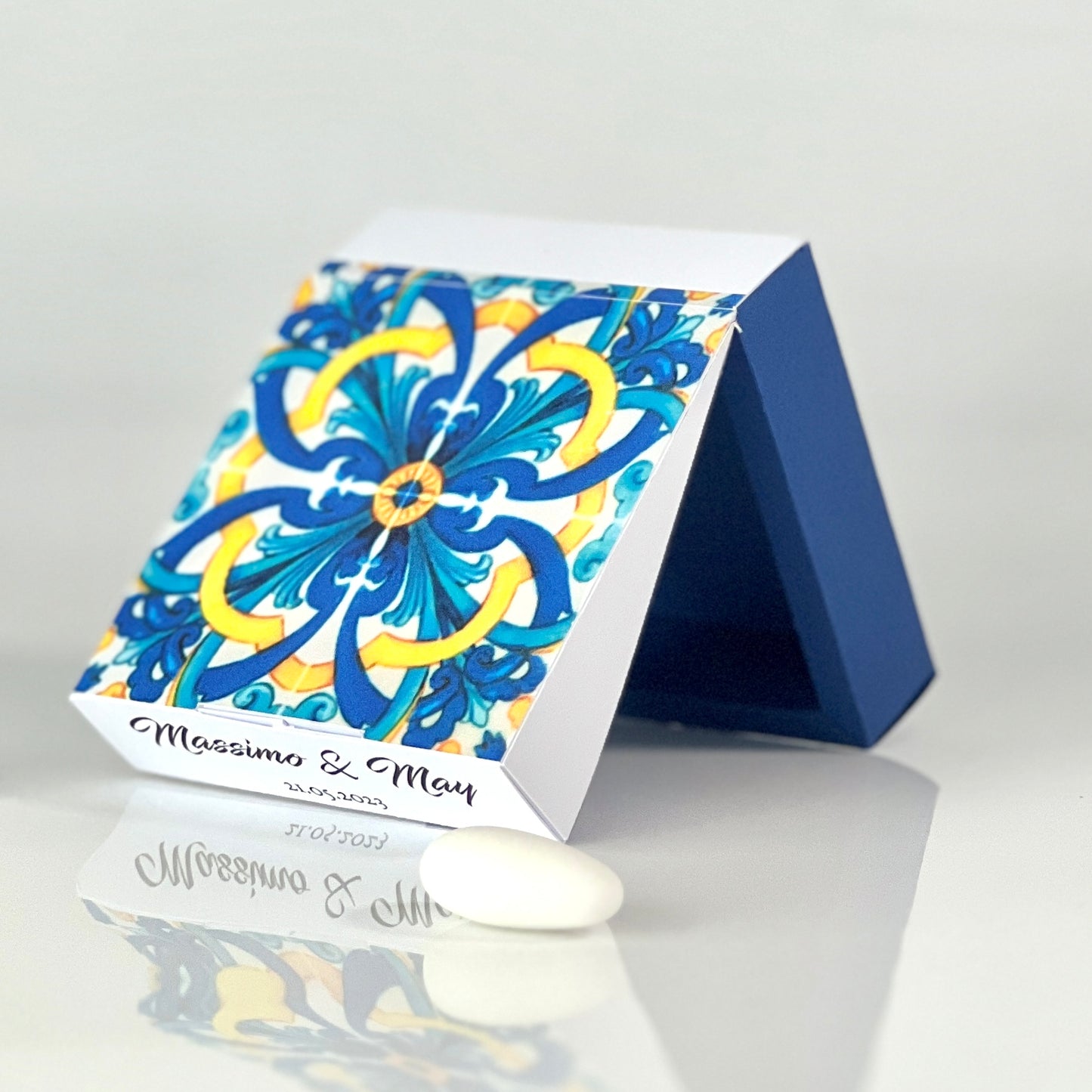 Scatolina Maioliche quadrata 2 Varianti Mediterranee | Perfetta per 5/7 Confetti | Personalizzata con Nomi & Data - Bomboniera Matrimonio