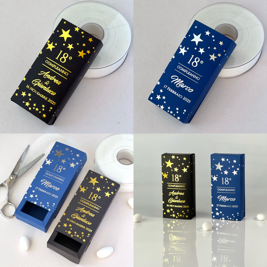 Scatolina 18 Compleanno – Elegante con Stelle Foil Oro/Argento Versione Blu o Nera | Personalizzabile | Bomboniera Compleanno