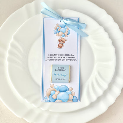 Segnaposto Battesimo con Cioccolatino – Orsetto & Palloncini – Personalizzato con Nome, Data e Frase