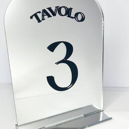 Segnatavolo per Matrimonio o altro, plexiglass specchio, personalizzazione vinile nero.