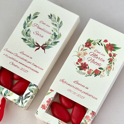 Scatolina porta confetti Laurea personalizzata | Corona d’Alloro verde o rossa | Bomboniera elegante per Dottorato e Laurea Triennale