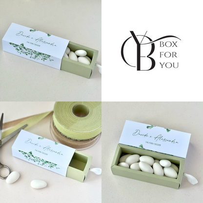 Scatolina Matrimonio Green Sage – 10×3×3 cm Interno in Cartoncino Riciclato Verde Salvia | Personalizzata | Bomboniera Personalizzata