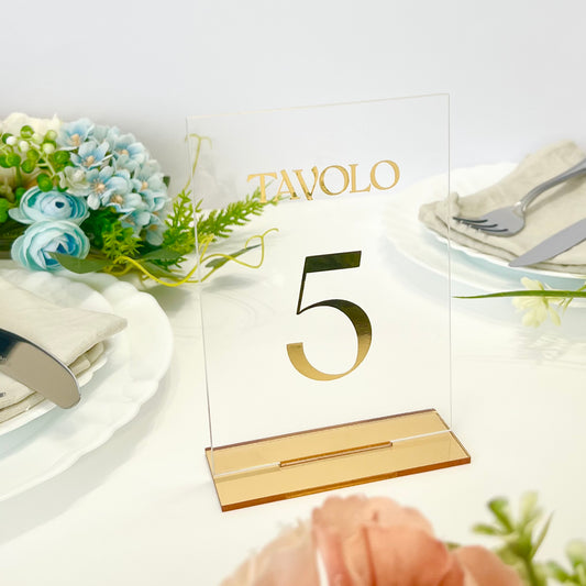 Segnatavolo per Matrimonio o altro, plexiglass trasparente, personalizzazione vinile oro.