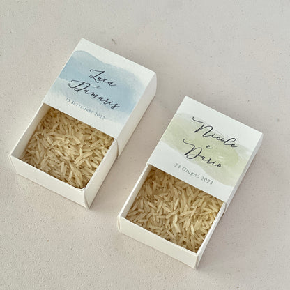 Scatolina Porta Riso/Confetti Avorio – Grafica Acquerello Verde o Celeste – Personalizzata per Matrimonio