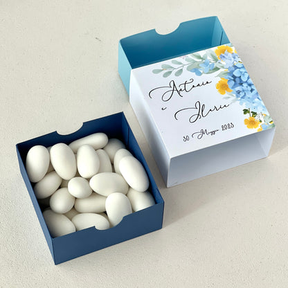 Scatolina con Grafica Floreale – Interno Celeste o Blu – Personalizzata per Matrimonio o Evento - Bomboniera personalizzata