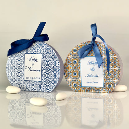 Scatolina Rotonda Maiolica – Variante Blu o Giallo/Blu – Personalizzata per Matrimonio & Eventi - Bomboniera Maioliche personalizzata
