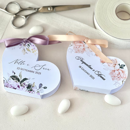 Scatolina Portaconfetti Cuore Personalizzata • Bomboniera Matrimonio/Comunione/Battesimo • 5 Grafica Florali • Fiocco in Raso • 5 Confetti