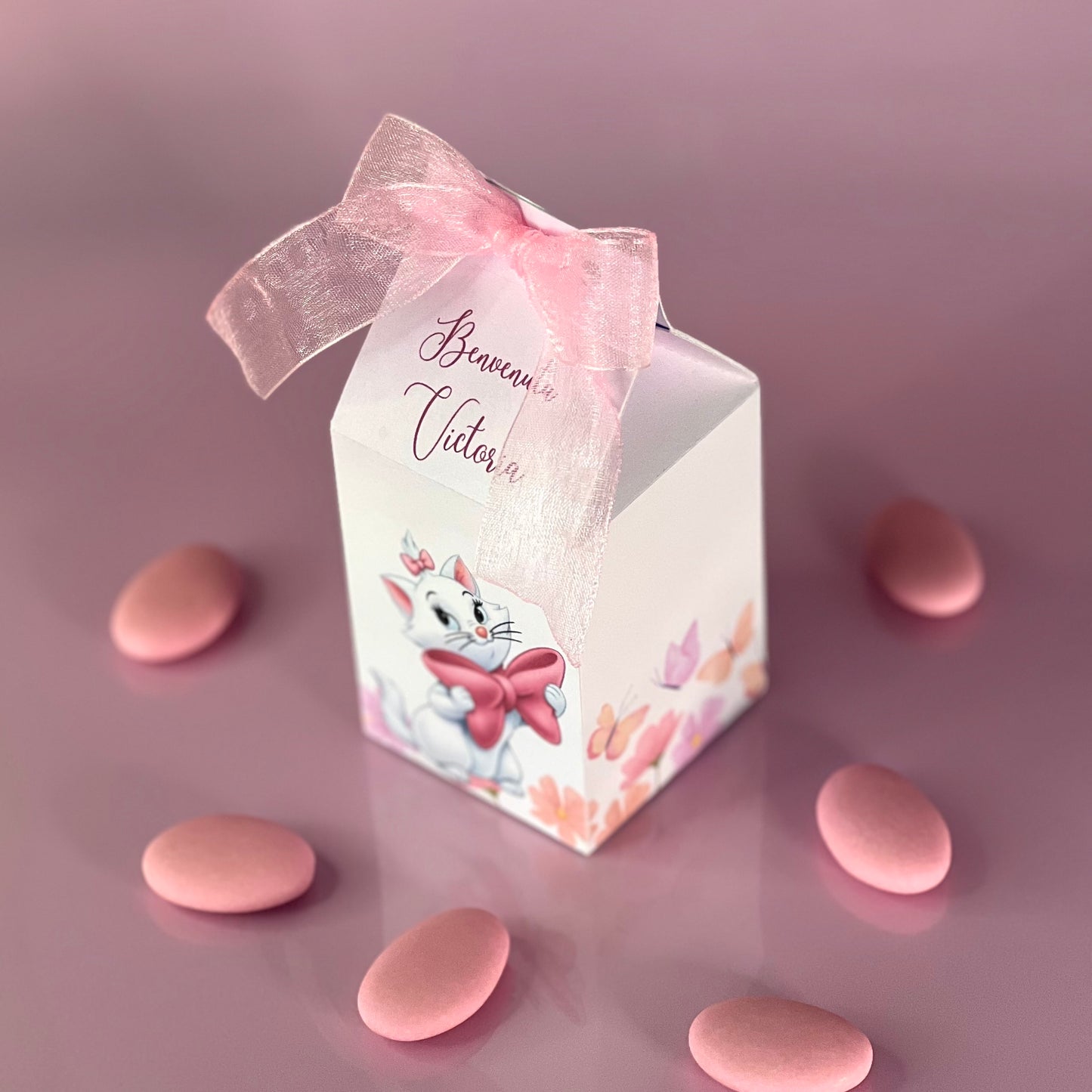Scatolina porta confetti gattina rosa | Bomboniera nascita o battesimo bimba personalizzata | Favor box handmade in Italy