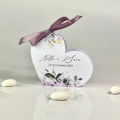 Scatolina Portaconfetti Cuore Personalizzata • Bomboniera Matrimonio/Comunione/Battesimo • 5 Grafica Florali • Fiocco in Raso • 5 Confetti