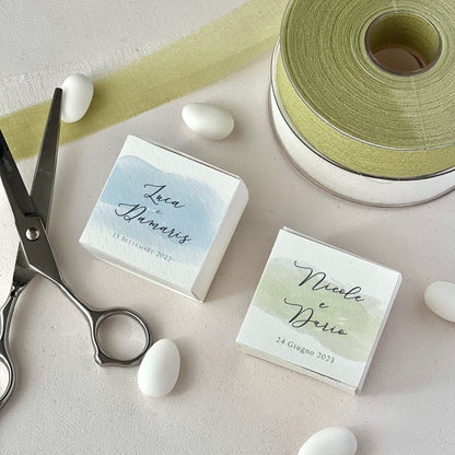 Scatolina Porta Riso/Confetti Avorio – Grafica Acquerello Verde o Celeste – Personalizzata per Matrimonio
