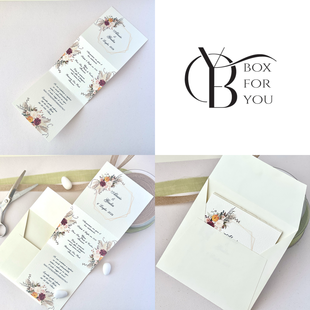 Invito Matrimonio Boho Chic – Carta Martellata + Busta Esterna Fiori Caldi & Pampas | Formato a Tre Ante | Personalizzabile