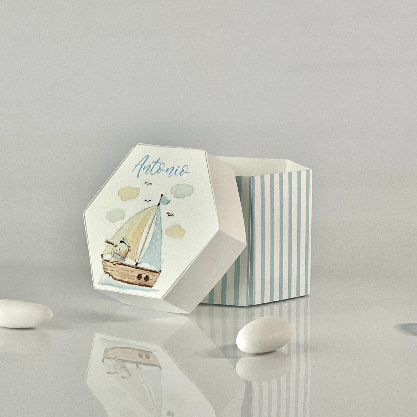 Scatolina porta confetti barca a vela | Bomboniera nascita bimbo personalizzata orsetto azzurro | Favor box handmade in Italy