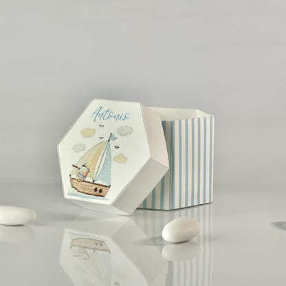 Scatolina porta confetti barca a vela | Bomboniera nascita bimbo personalizzata orsetto azzurro | Favor box handmade in Italy