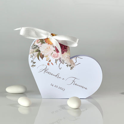 Scatolina Cuore Matrimonio – 5×5 cm Grafica Floreale Boho | Perfetta per 5 Confetti | Personalizzata con Nomi & Data - Bomboniera Matrimonio