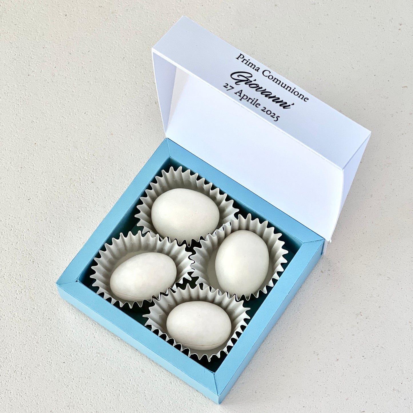 Scatolina Prima Comunione Tema Mare Conchiglie Azzurre – Personalizzata | 7×7×2 cm | Perfetta per 5/7 Confetti - Bomboniera Personalizzata