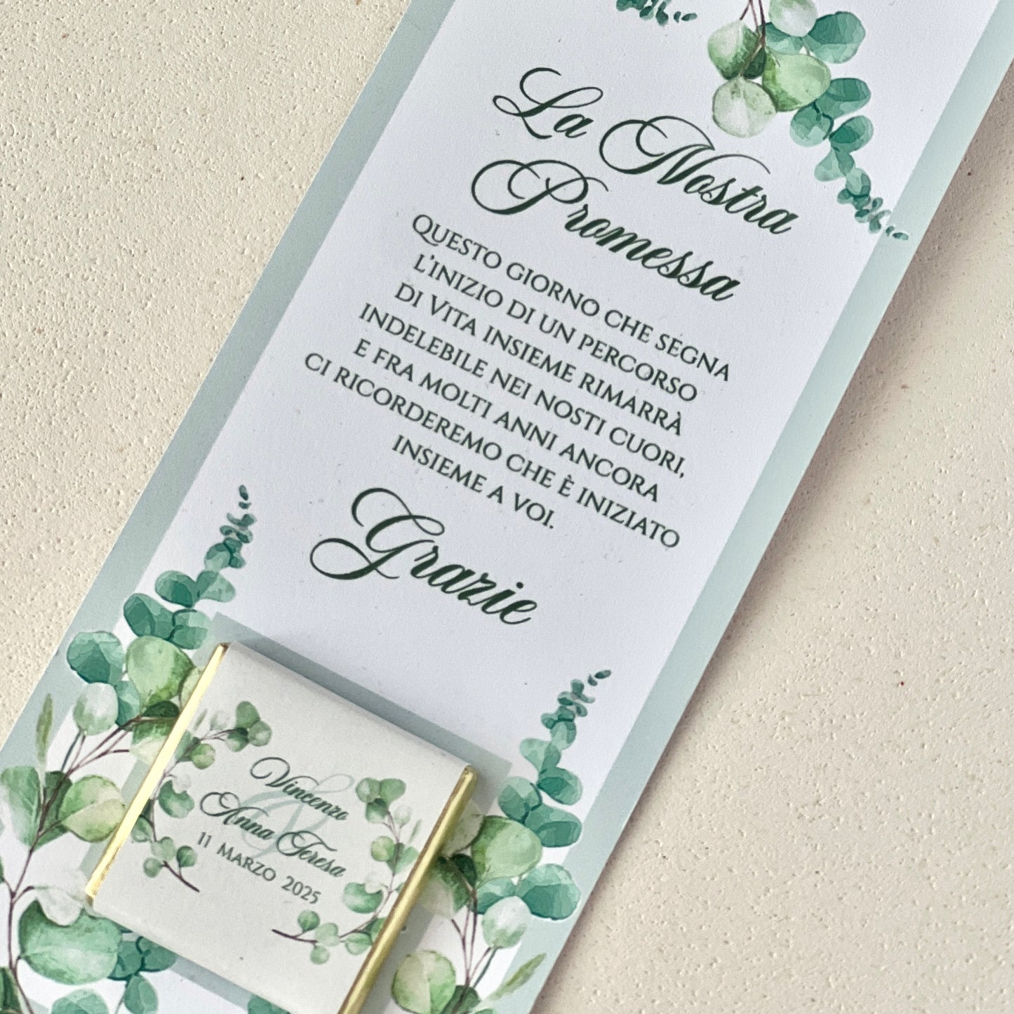 Segnaposto Promessa con Cioccolatino Personalizzato – Grafica Eucalipto – Testo Personalizzato – Bomboniera Matrimonio / Promessa Nozze