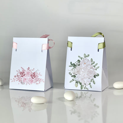 Scatolina Bag Matrimonio – Con Fiocco | 2 Grafiche Disponibili (Rosa & Salvia) | Perfetta per 5/7 Confetti - Bomboniera Matrimonio