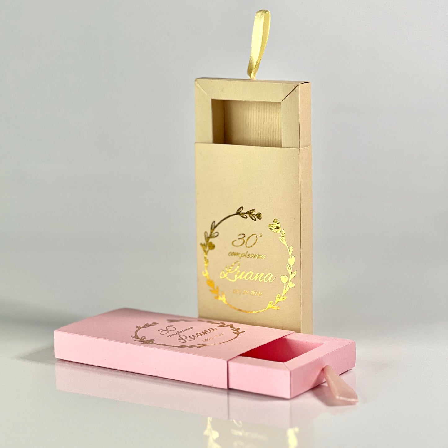 Scatolina a Cassetto con Foil Oro – Varianti Rosa o Beige – Personalizzata per Compleanno Elegante - Bomboniera Personalizzata