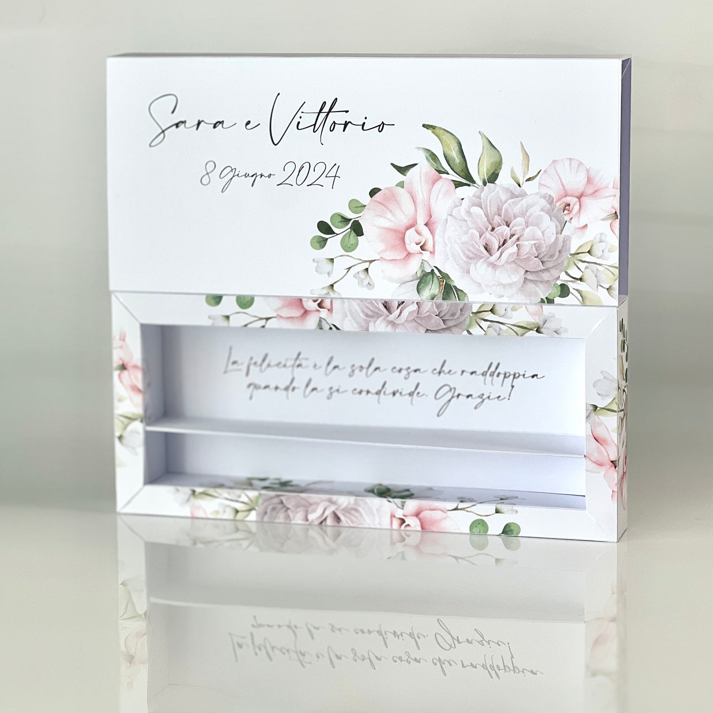 Scatola Matrimonio Deluxe – 15×2×2 cm Con Frase Interna Personalizzata | Perfetta per Confetti + Gadget | Bomboniera Floreale Elegante