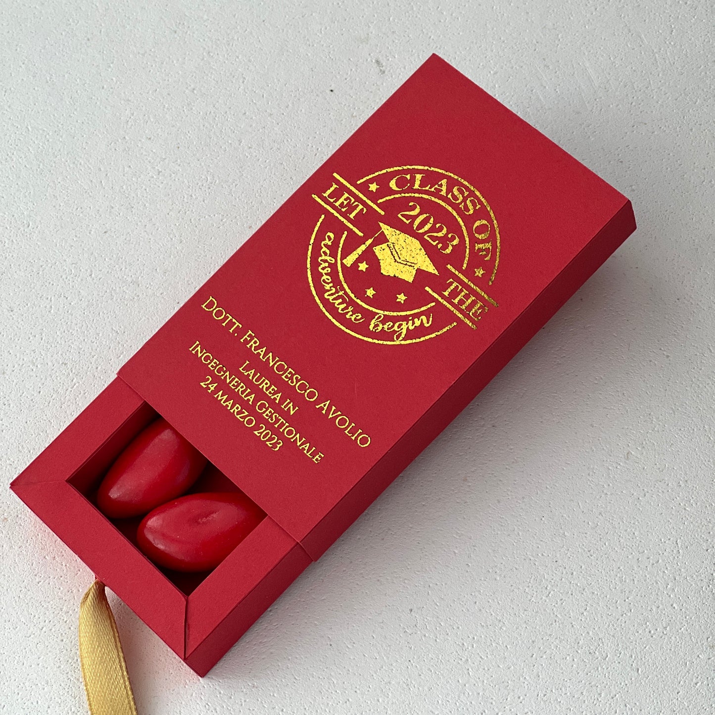 Scatolina Laurea Personalizzata a Cassetto • Rosso con Scritta Oro • Bomboniera Elegante • Portaconfetti 5/7 • Made in Italy