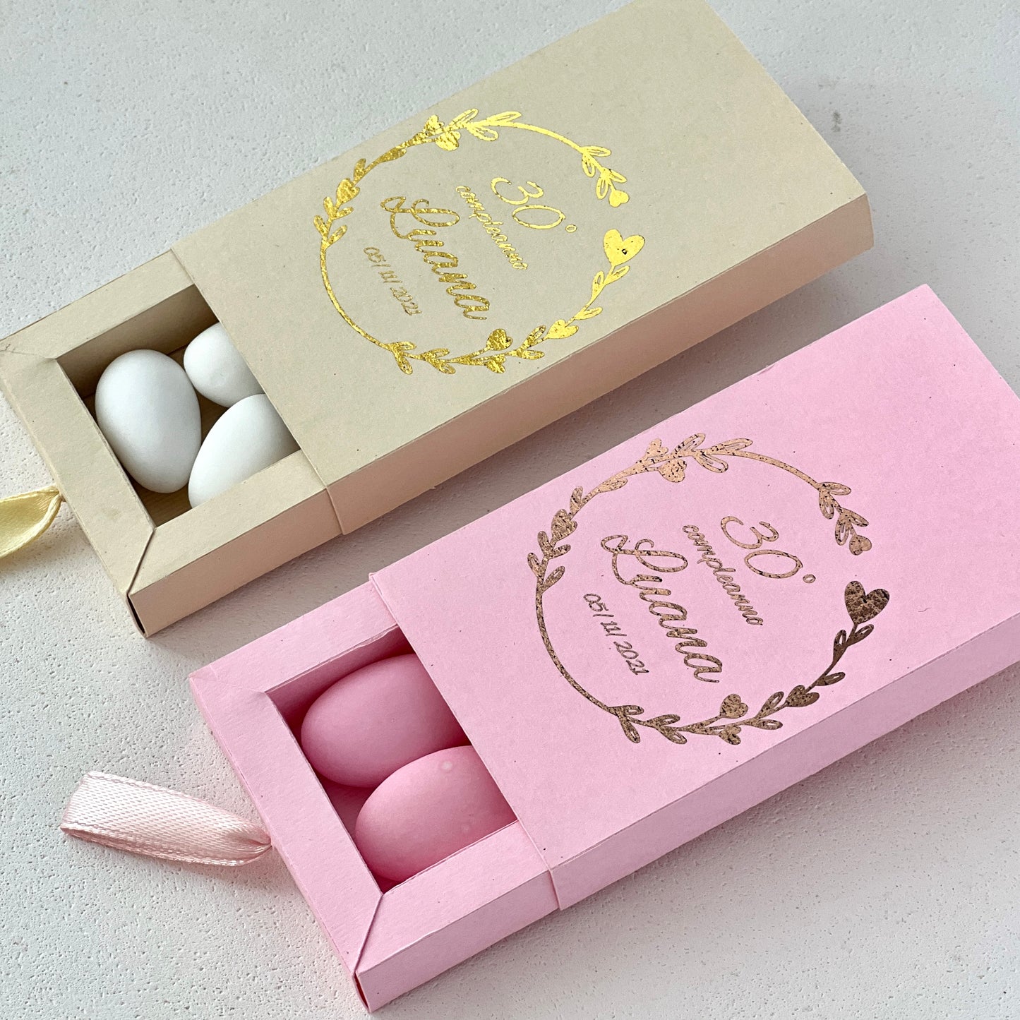 Scatolina a Cassetto con Foil Oro – Varianti Rosa o Beige – Personalizzata per Compleanno Elegante - Bomboniera Personalizzata