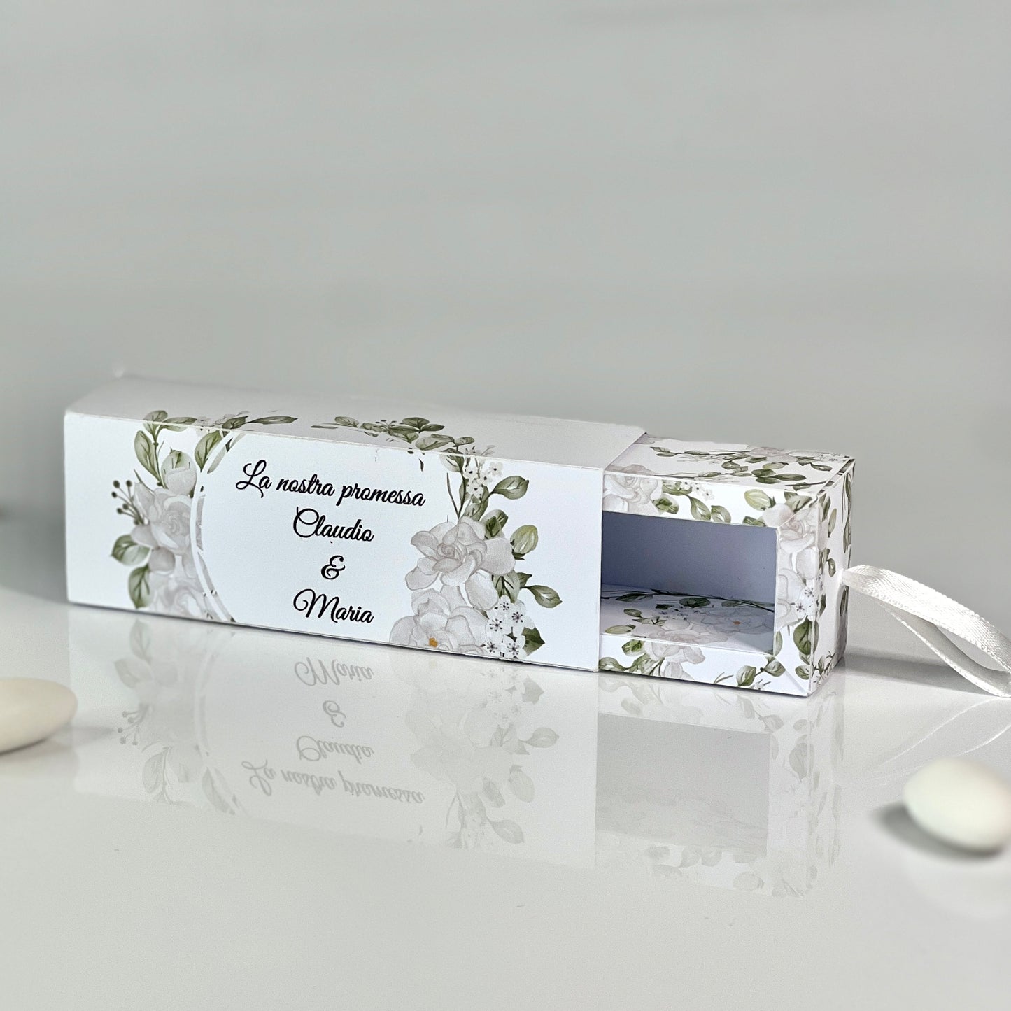 Scatolina Porta Confetti Fiammifero Personalizzata – 4 Grafiche Floreali – Bomboniera Matrimonio/Promessa – Nastro in Raso – Custom Box