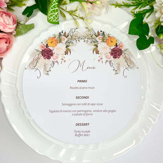 Menu Matrimonio con fiori, rotondo, maggiori info in descrizione