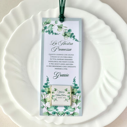 Segnaposto Promessa con Cioccolatino Personalizzato – Grafica Eucalipto – Testo Personalizzato – Bomboniera Matrimonio / Promessa Nozze