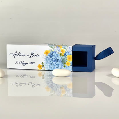 Scatolina Matrimonio a Cassetto Floreale Azzurra – Interno Celeste o Blu – Personalizzata con Nomi & Data - Bomboniera Matrimonio