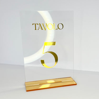 Segnatavolo per Matrimonio o altro, plexiglass trasparente, personalizzazione vinile oro.