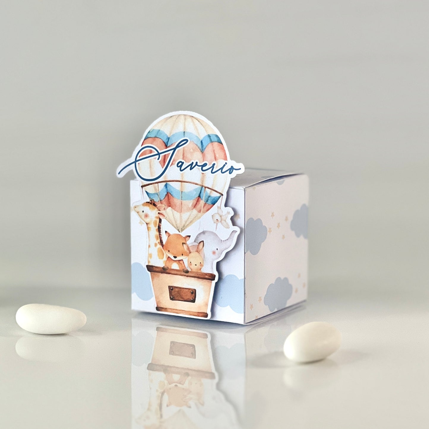 Scatolina Porta confetti per Nascita,cubo, Celeste, maschio, mongolfiera, Nuvoletta, personalizzata, per maggiori info in descrizione