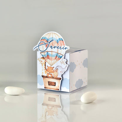 Scatolina Porta confetti per Nascita,cubo, Celeste, maschio, mongolfiera, Nuvoletta, personalizzata, per maggiori info in descrizione
