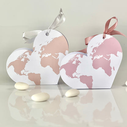 Scatolina Cuore Mappa del Mondo – Bomboniera Viaggio Personalizzata Perfetta per Matrimonio, Anniversario, Wedding Travel Theme