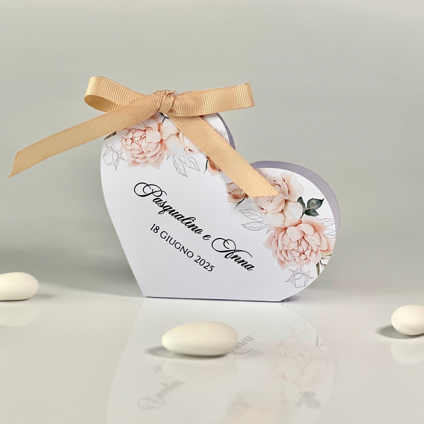 Scatolina Portaconfetti Cuore Personalizzata • Bomboniera Matrimonio/Comunione/Battesimo • 5 Grafica Florali • Fiocco in Raso • 5 Confetti