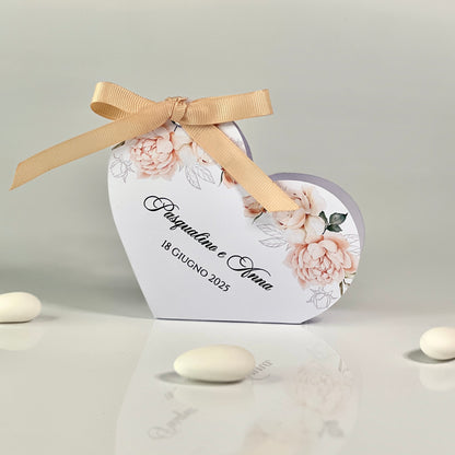 Scatolina Portaconfetti Cuore Personalizzata • Bomboniera Matrimonio/Comunione/Battesimo • 5 Grafica Florali • Fiocco in Raso • 5 Confetti