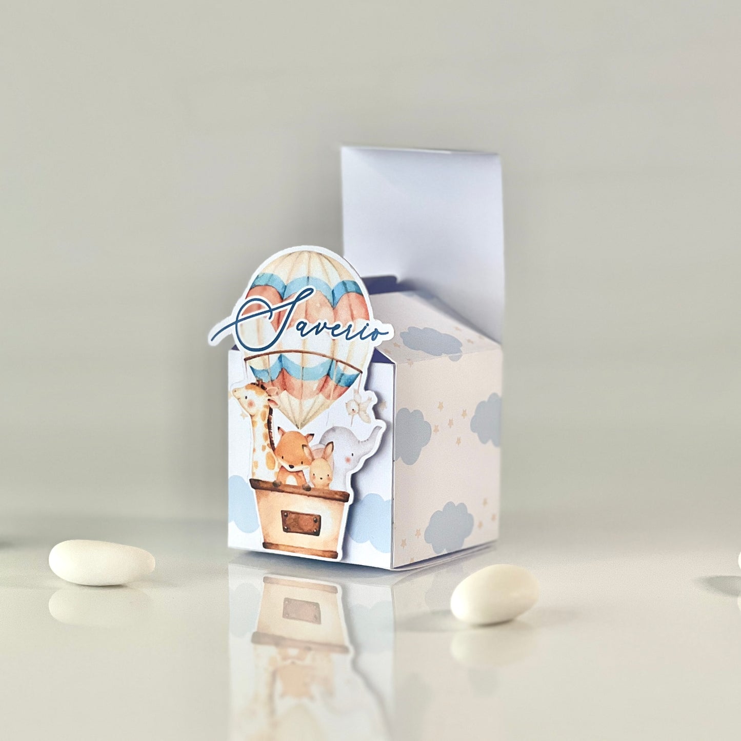 Scatolina Porta confetti per Nascita,cubo, Celeste, maschio, mongolfiera, Nuvoletta, personalizzata, per maggiori info in descrizione