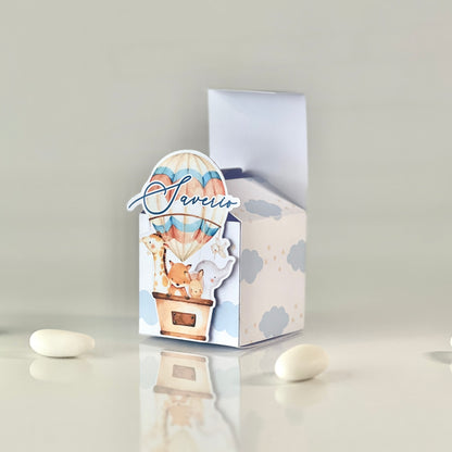 Scatolina Porta confetti per Nascita,cubo, Celeste, maschio, mongolfiera, Nuvoletta, personalizzata, per maggiori info in descrizione