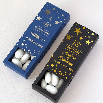 Scatolina 18 Compleanno – Elegante con Stelle Foil Oro/Argento Versione Blu o Nera | Personalizzabile | Bomboniera Compleanno