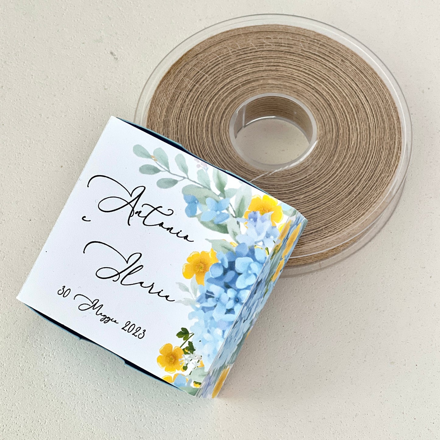 Scatolina con Grafica Floreale – Interno Celeste o Blu – Personalizzata per Matrimonio o Evento - Bomboniera personalizzata