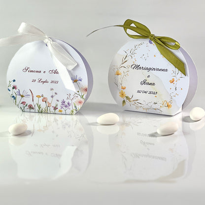 Scatolina Portaconfetti Rotonda Matrimonio Personalizzata Floreale Giallo o Colorato • Bomboniera Sposi • Fiocco in Raso •