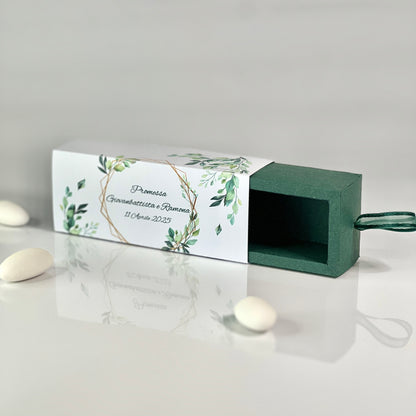Scatolina Portaconfetti a Cassetto – Grafica Foglie Green – Personalizzata con Nomi & Data - Bomboniera Matrimonio
